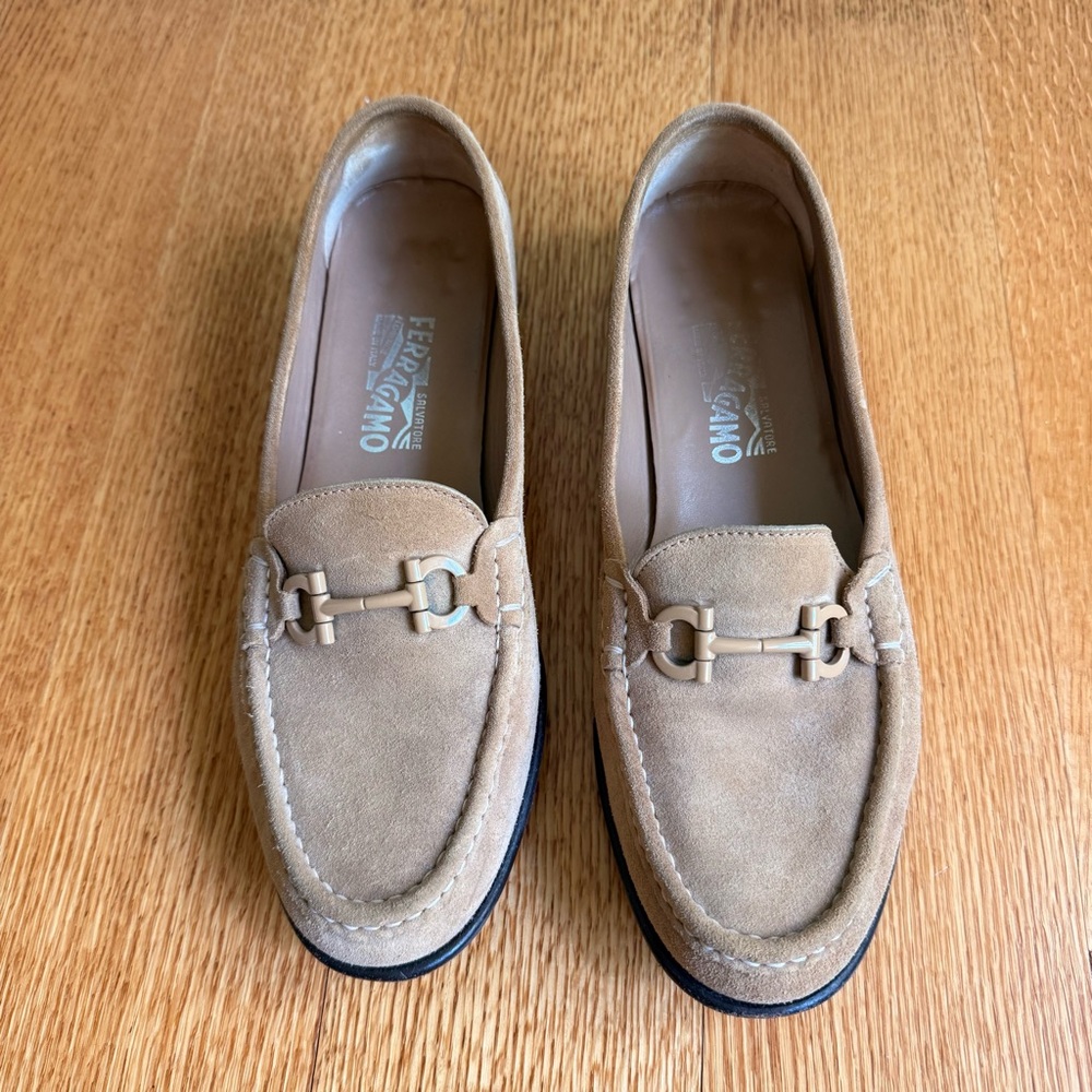 Salvatore Ferragamo Taupe Beige Suede Loafers with Metal Horsebit Detail